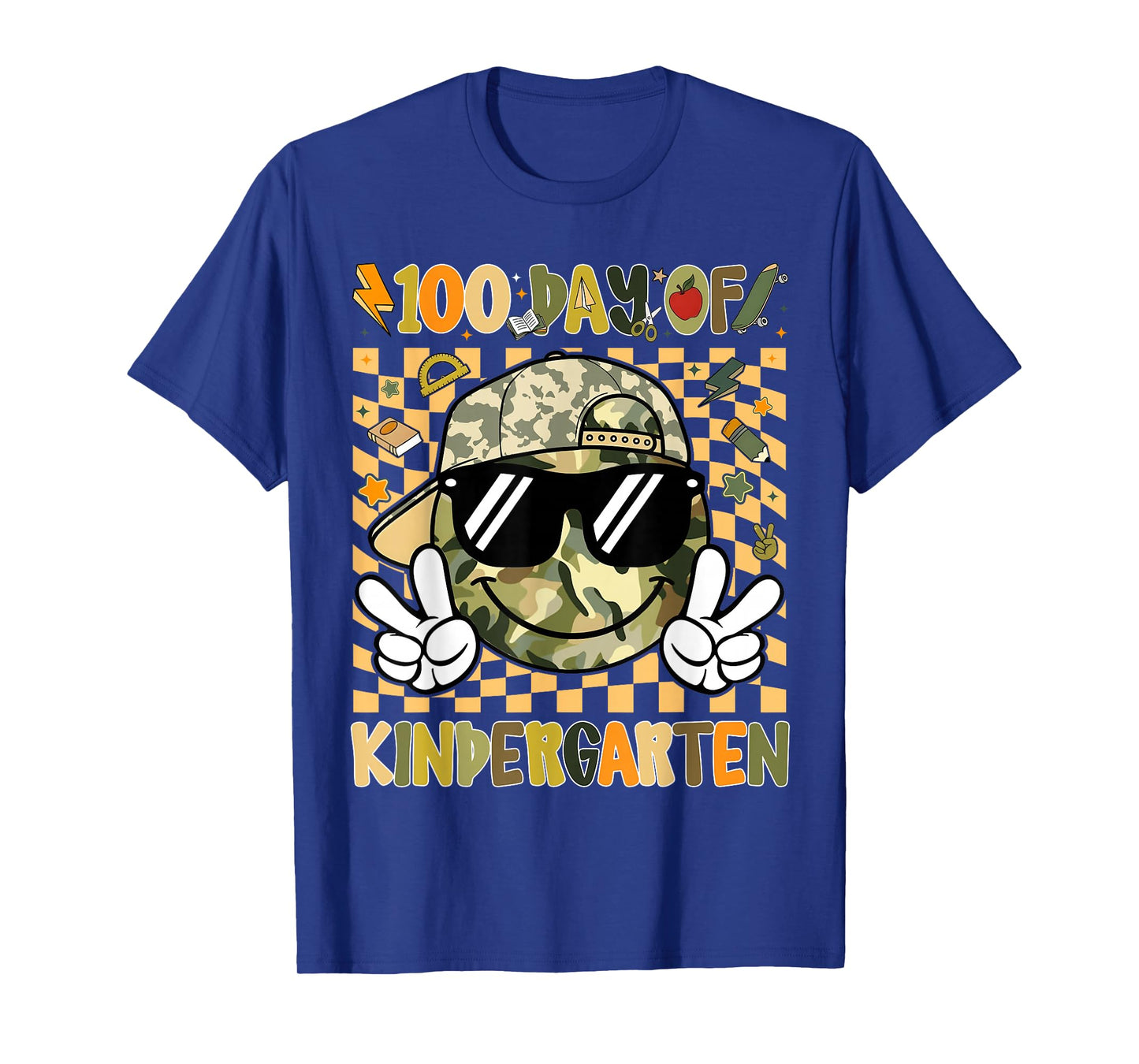 100 Days of Kindergarten Camouflage Smile Face 100th Day T-Shirt