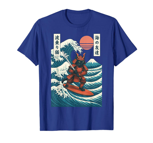 Samurai Cat Surfing Japanese T-Shirt