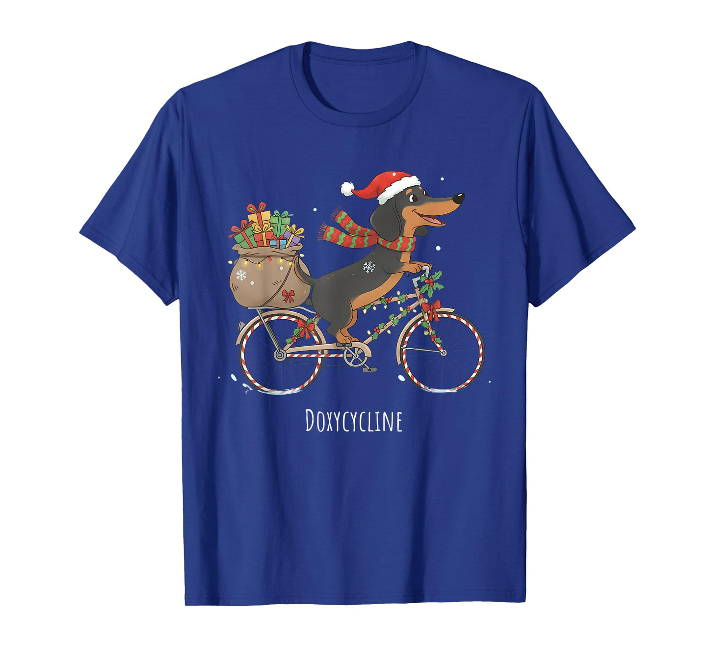 Doxycycline Pharmacy Funny Dachshund On Bicycle Christmas T-Shirt