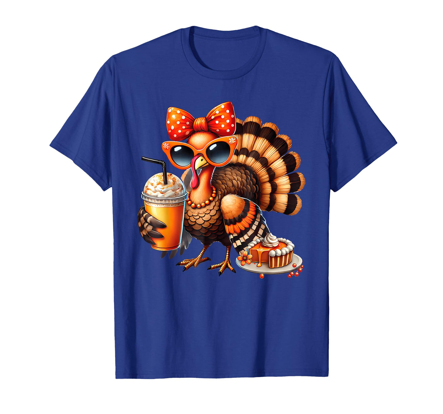 Turkey Drinking Coffee Bow Thanksgiving Womens Turkey Day T-Shirt
