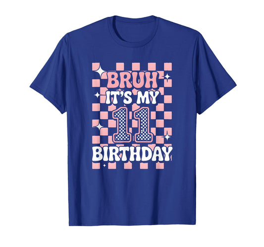 11th Birthday Bruh Pink Checkered Trendy Birthday Girl T-Shirt