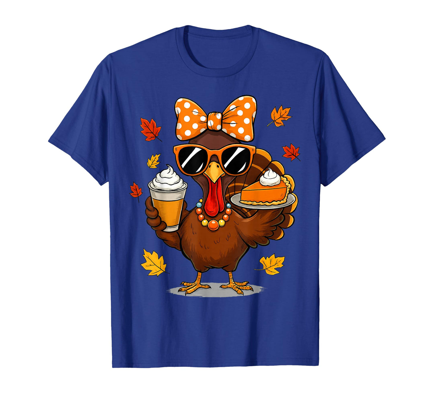 Turkey Drinking Coffee Bow Thanksgiving Womens Turkey Day T-Shirt