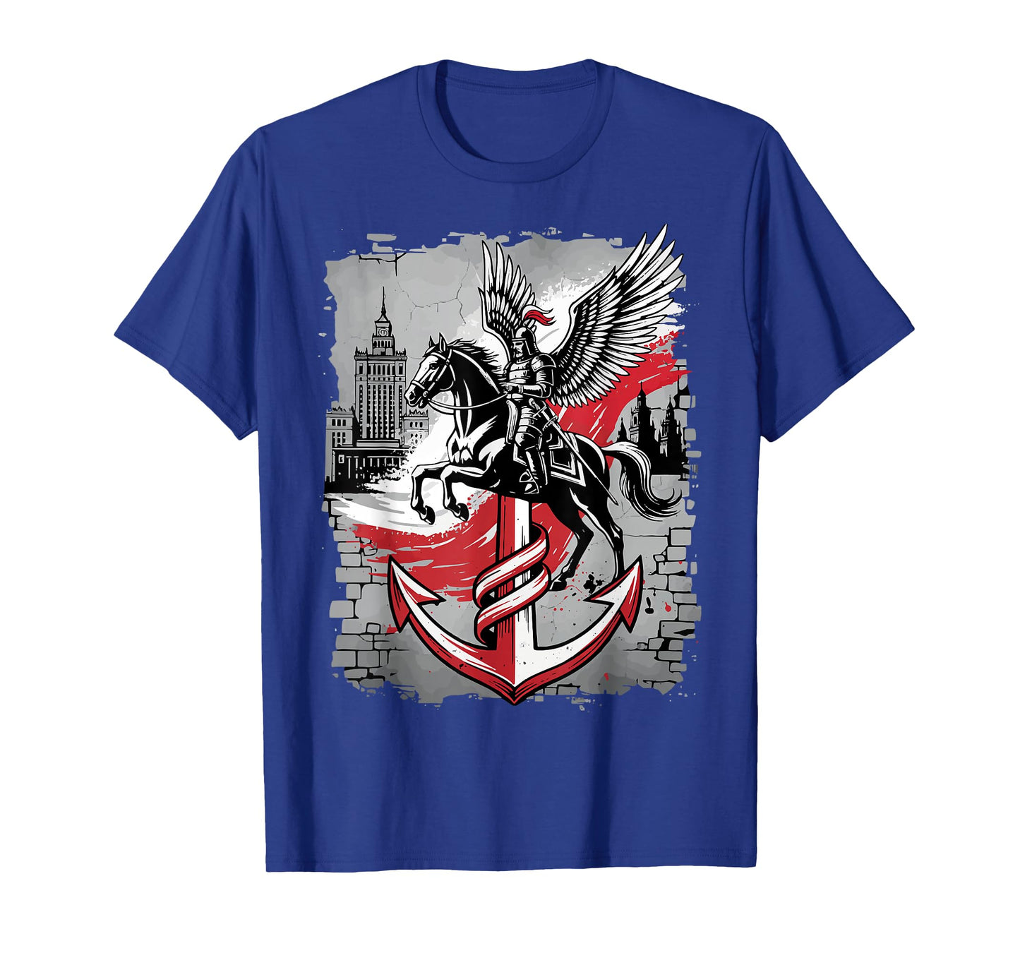 Winged Hussar Polish Anchor PW Symbol Warsaw Skyline Art T-Shirt