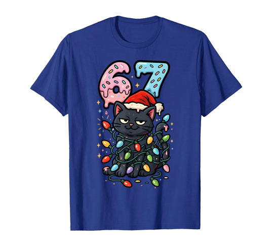 67 Black Cat Christmas Ice Cream Drip Santa Hat Six Seven T-Shirt