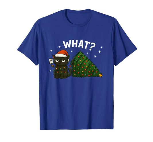 Funny Black Cat Pushing Christmas Tree Over Cat What? T-Shirt