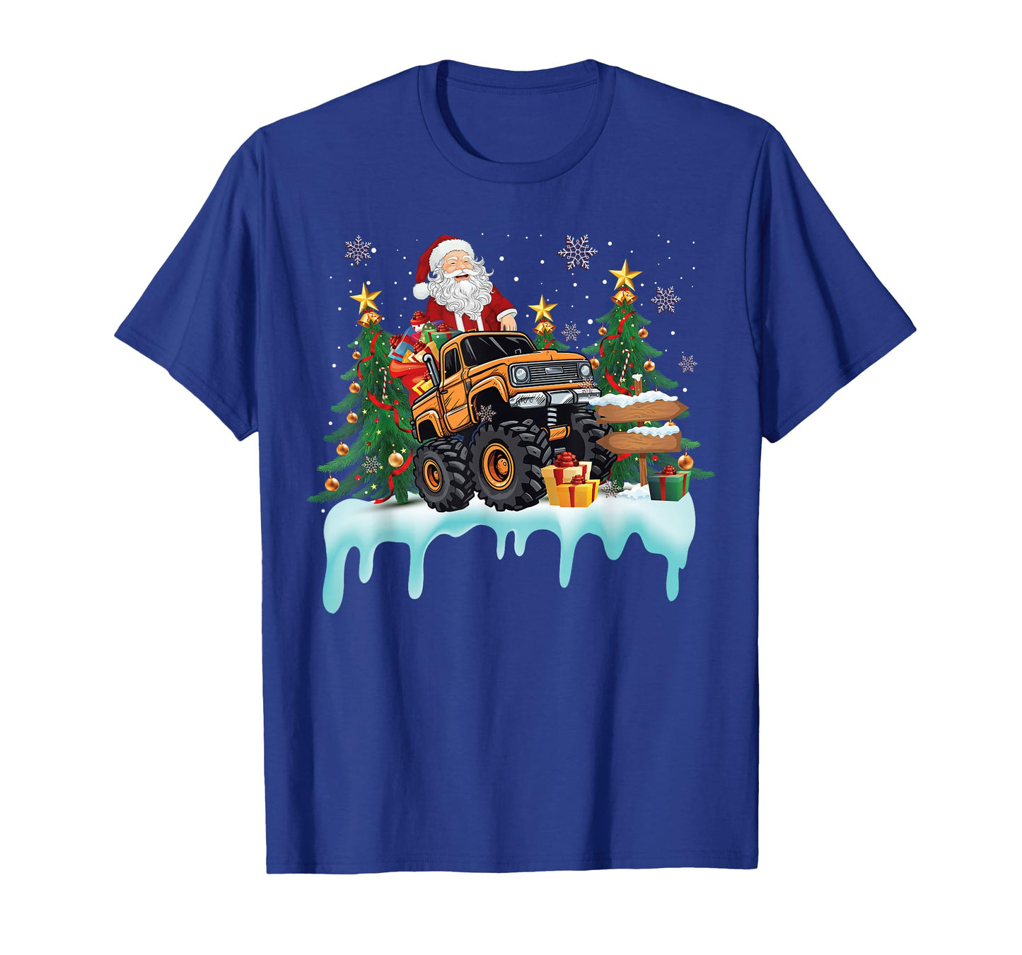 Santa Riding Monster Truck Christmas Tree Boys Girls Kids T-Shirt