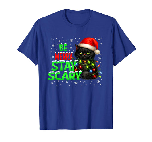 Be Merry Stay Scary Black Cat Funny Halloween Christmas T-Shirt