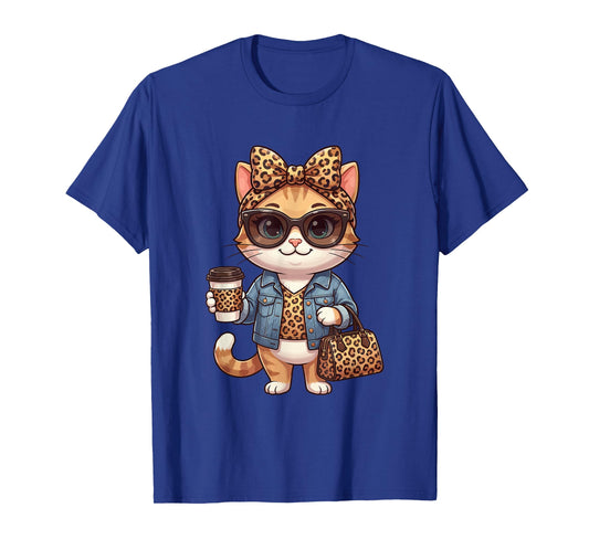 Fashion Funny Leopard Cat Coffee Cute Women Girls T-Shirt