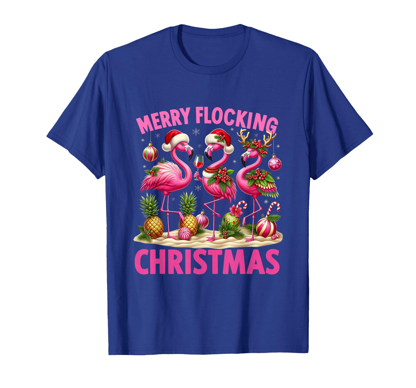 Merry Flocking Christmas Funny Flamingo Santa Hat Tropical T-Shirt