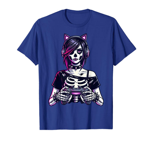 Gamer Goth Girl Emo Skeleton Cat Ear Gothic Art T-Shirt