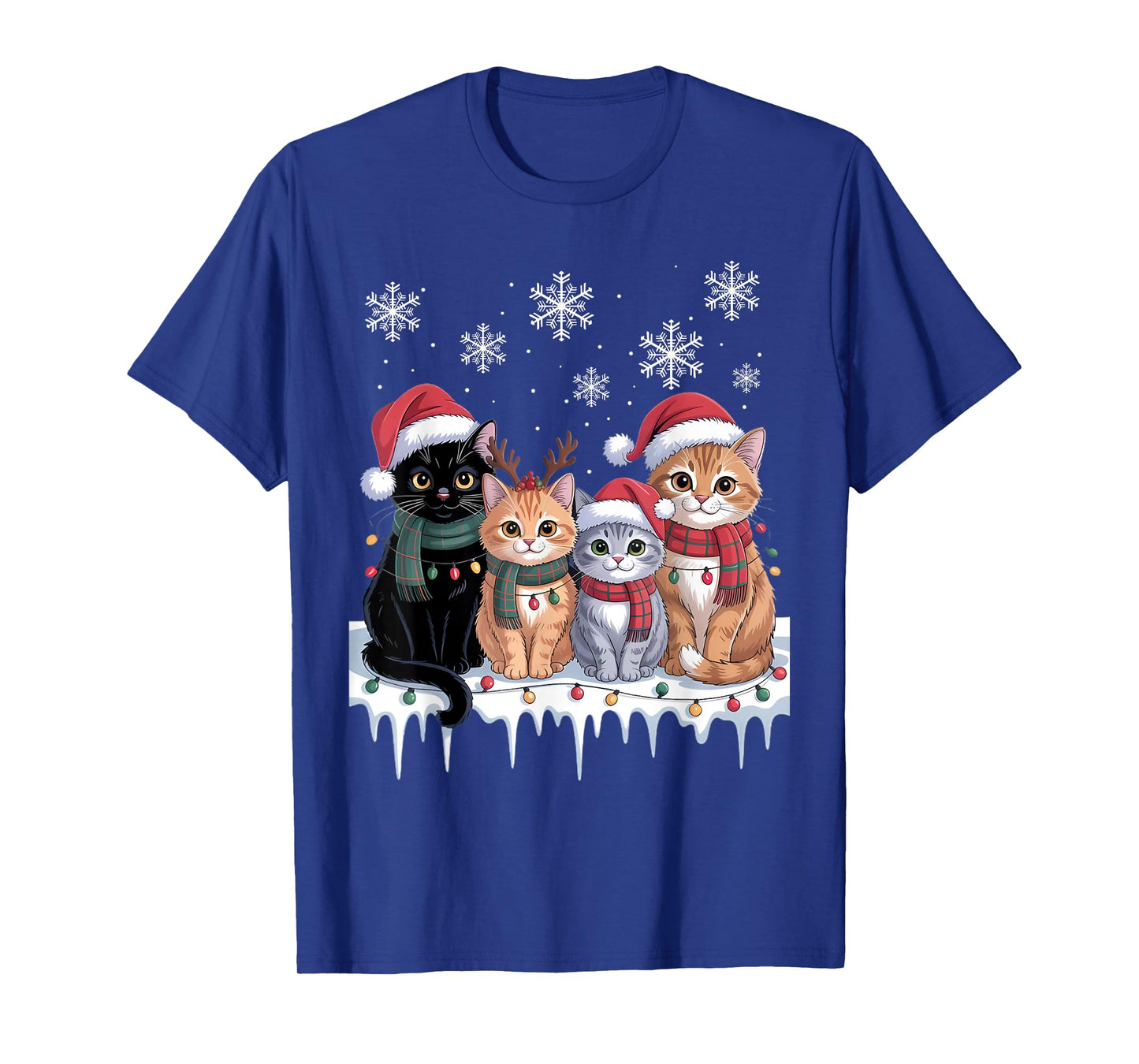 Funny Holiday Lights Meowy Christmas Black Cat Santa Hat T-Shirt