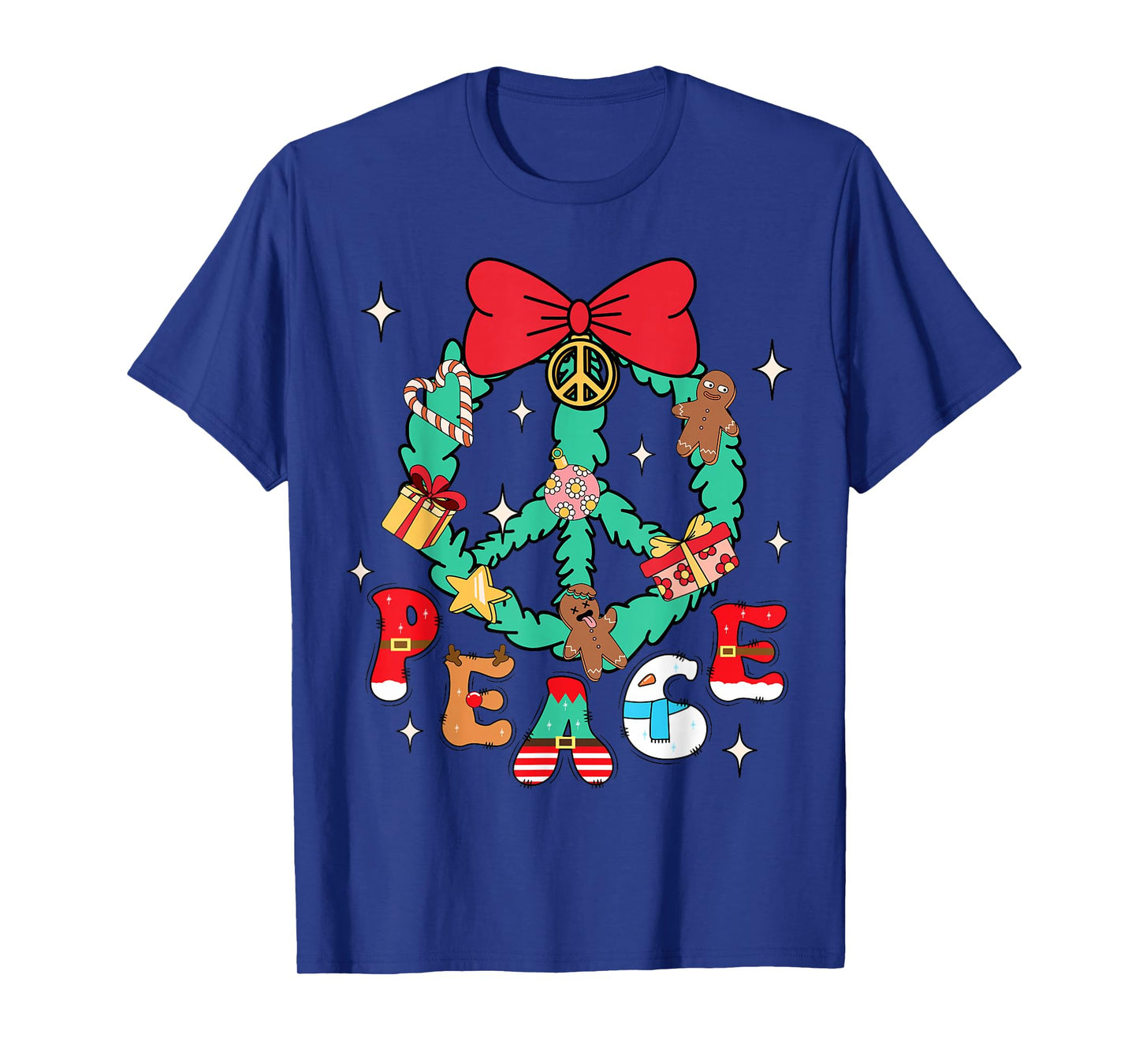 Christmas Peace Wreath Candy Canes Bows Gingerbread Reindeer T-Shirt