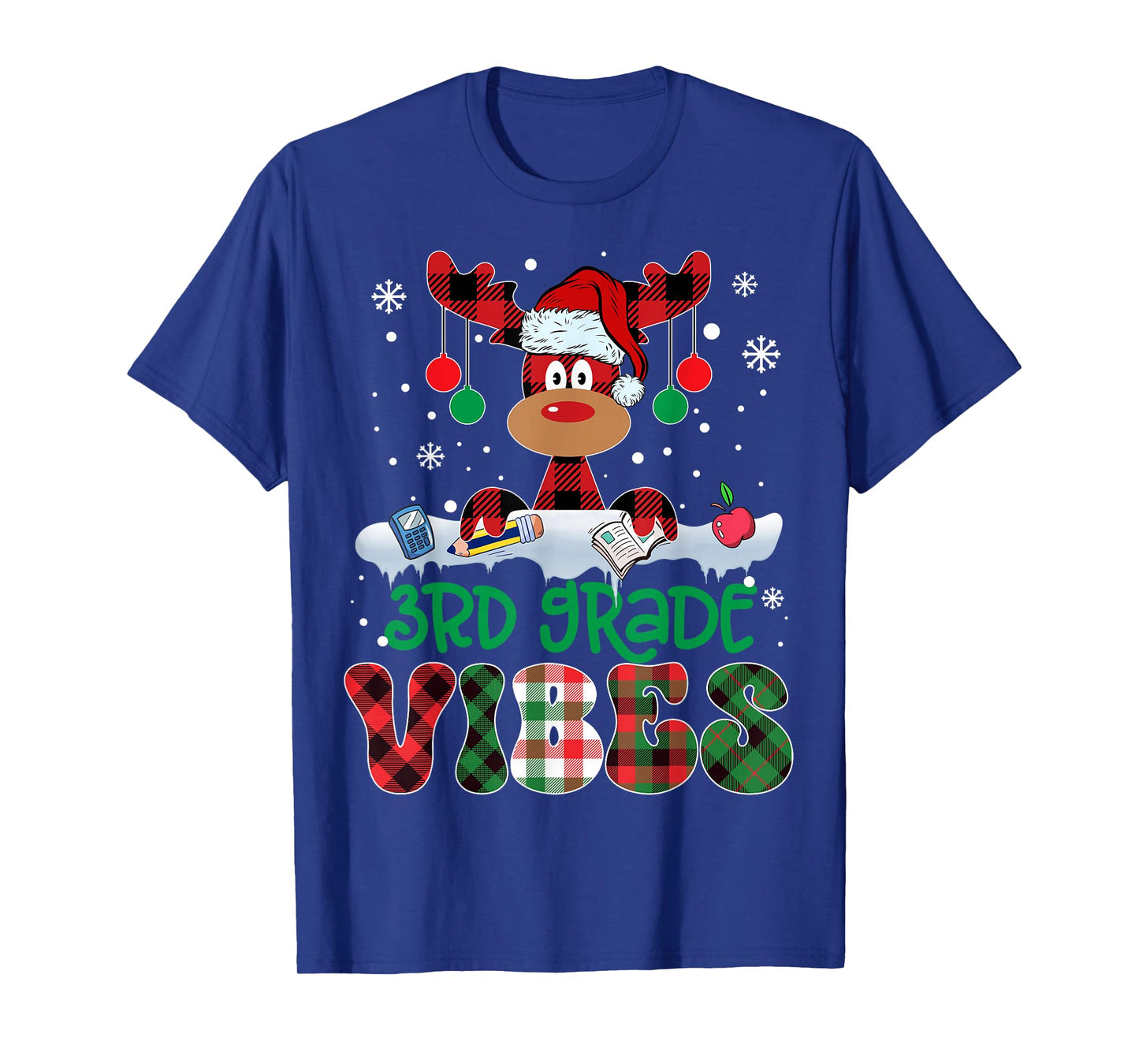 3rd Grade Vibes Teacher Buffalo Red Plaid Reindeer Christmas T-Shirt