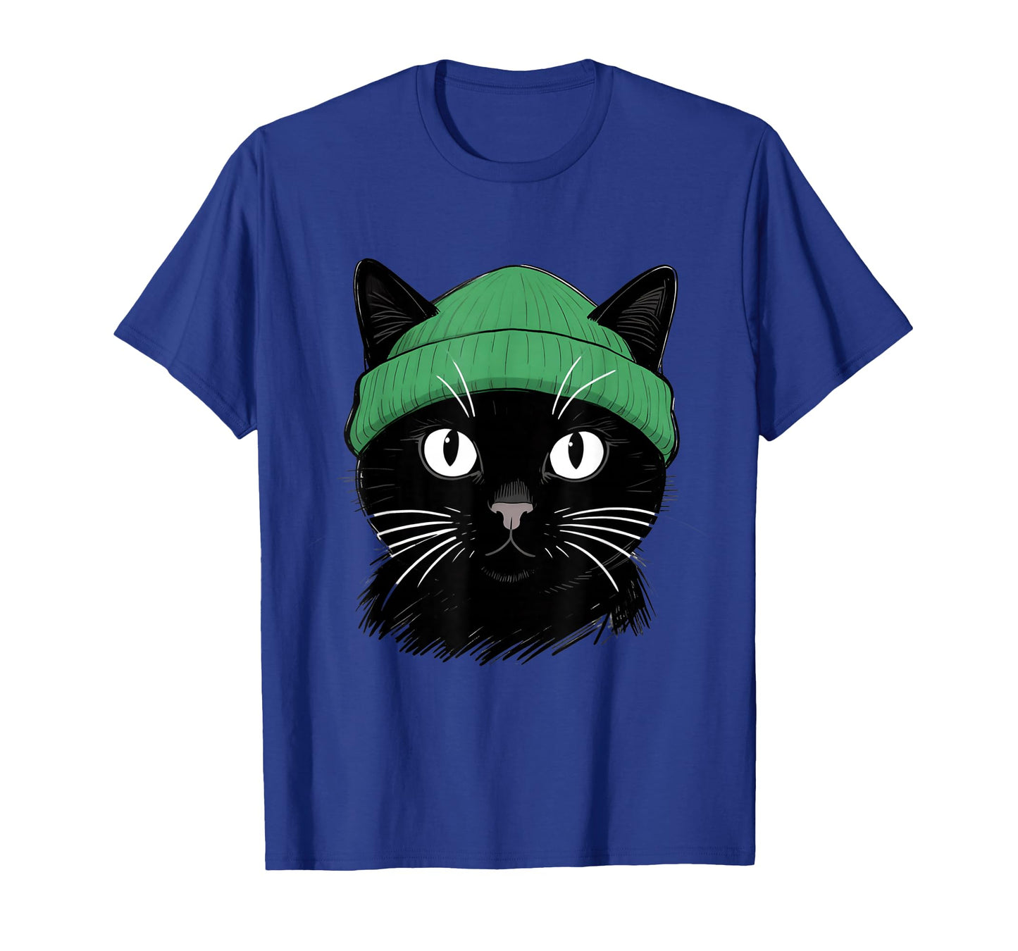 Black Cat with Green Beanie Vintage Design T-Shirt