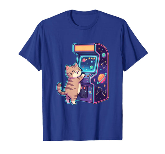 Cute Cat Playing Space Arcade Illustration Funny Cat Gaming T-Shirt