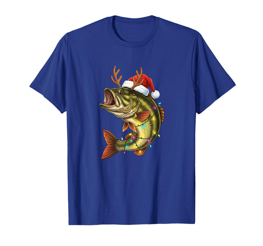 Christmas Bass Santa Hat with Lights Funny Fishing Xmas Angl T-Shirt