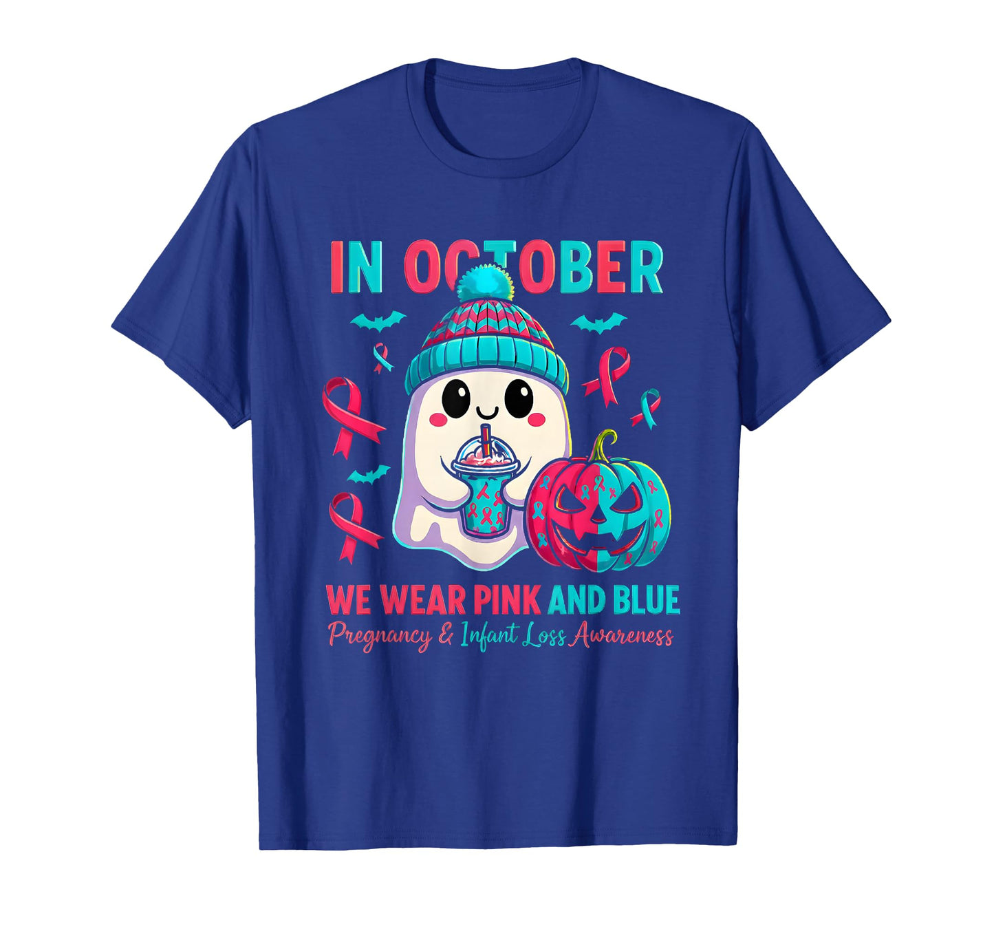 in October We Wear Pink and Blue Ghost Infant Loss Awareness T-Shirt