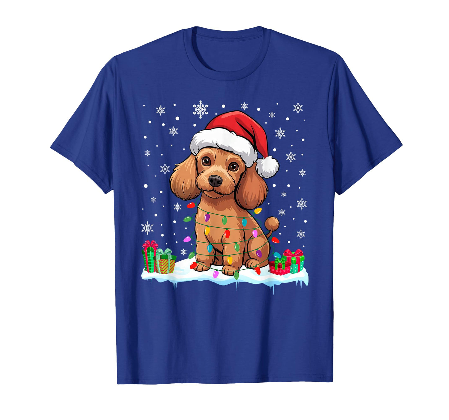 Poodle Dog Christmas Lights Decor Funny Santa Hat Ugly Xmas T-Shirt