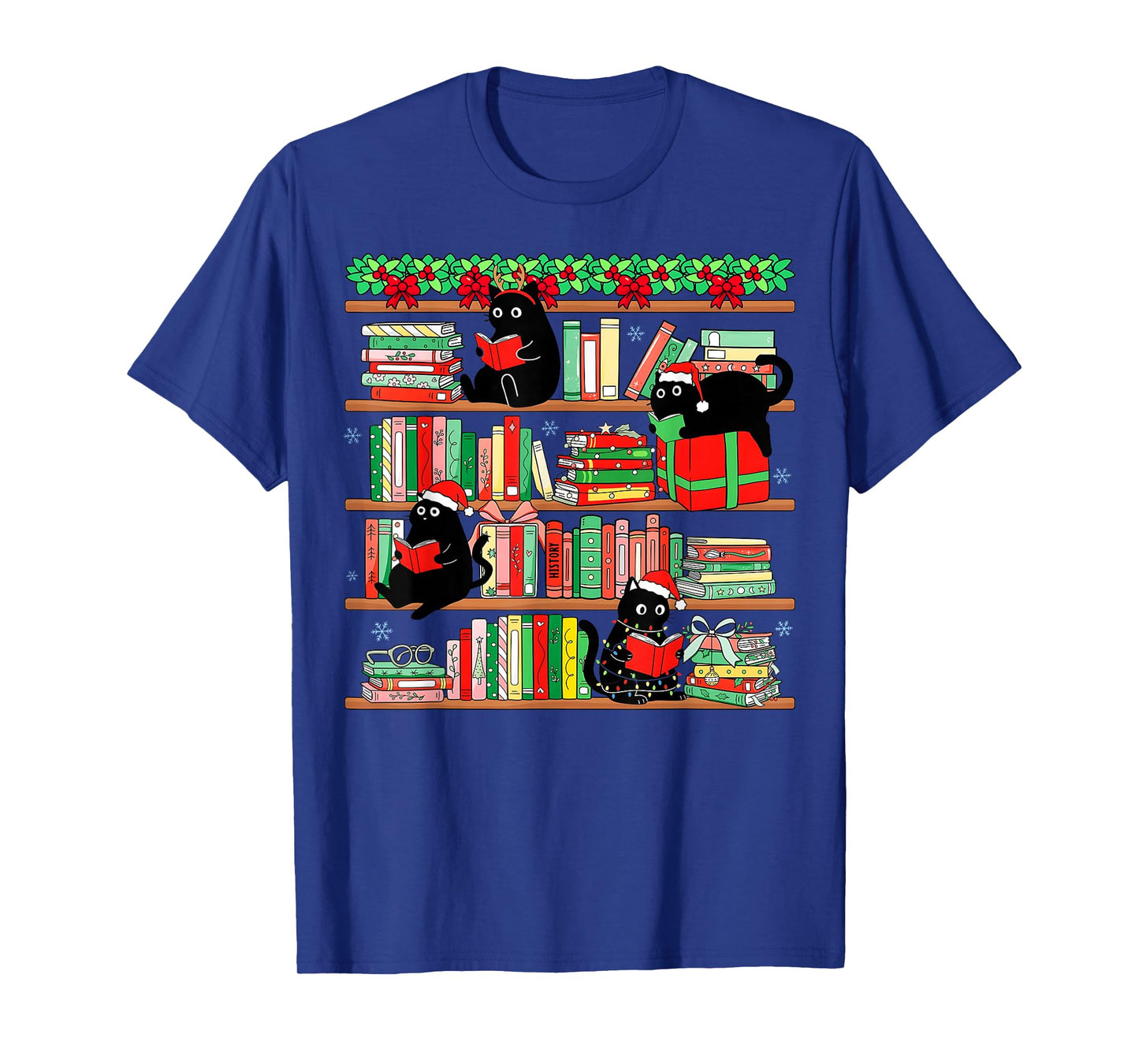 Christmas Black Cat Santa Bookshelves Book Lover Reader T-Shirt