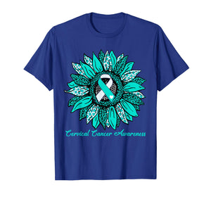 Sunflower Teal & White Ribbon Motivation Cervical Cancer T-Shirt