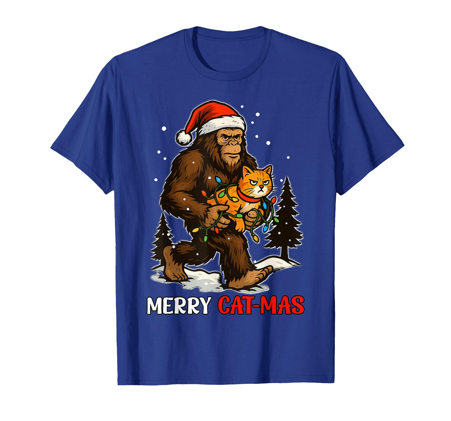 Merry Catmas Bigfoot and Lights Santa Hat Funny Cat Xmas T-Shirt
