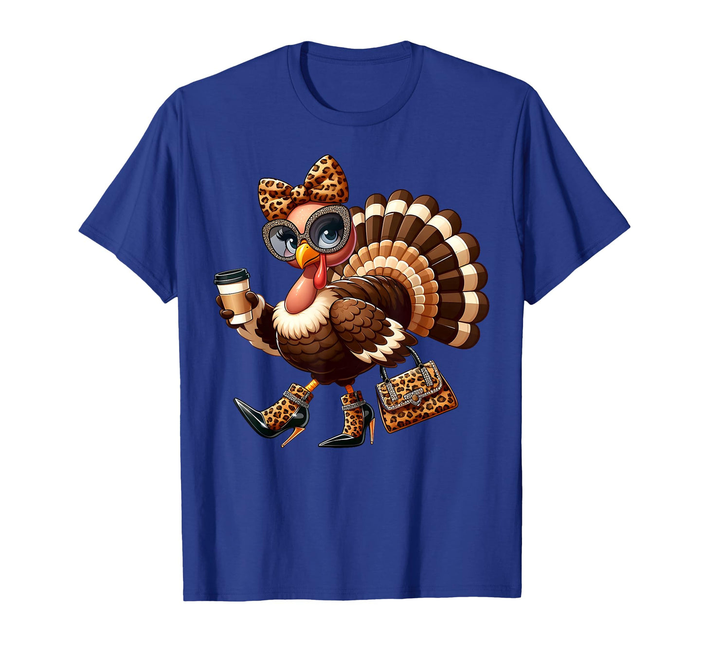 Leopard Turkey Drinking Coffee Thanksgiving Women Turkey Day T-Shirt