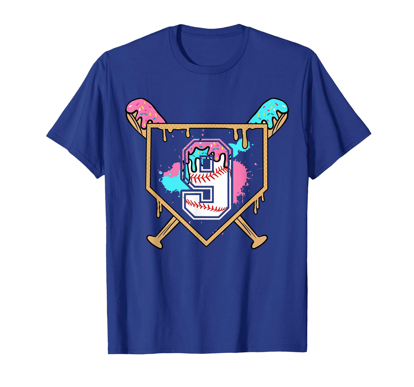 9th Birthday Baseball Bat Ice-Cream Drip 9yrs Old Boys Girls T-Shirt