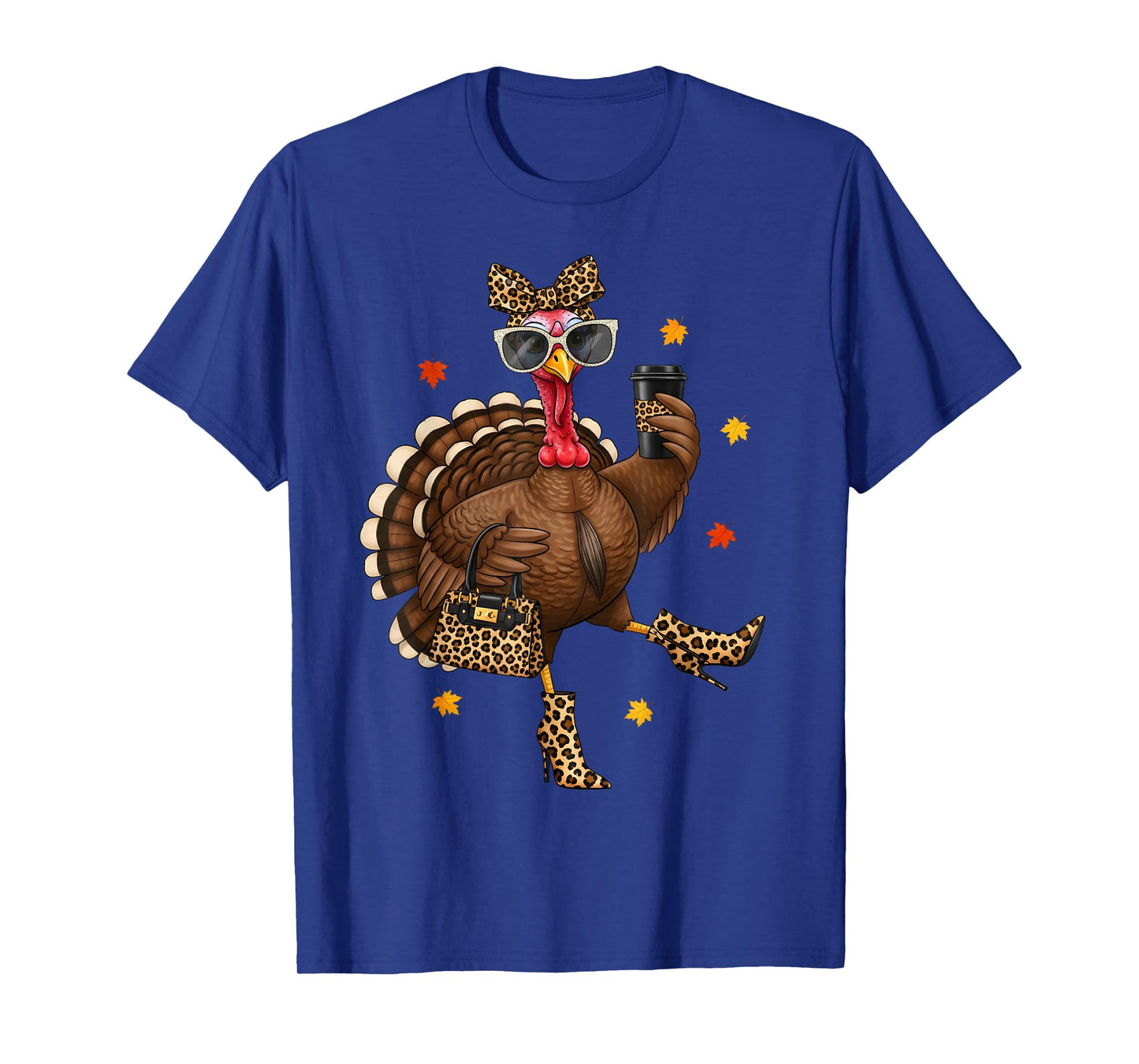 Leopard Turkey Drinking Coffee Thanksgiving Women Turkey Day T-Shirt