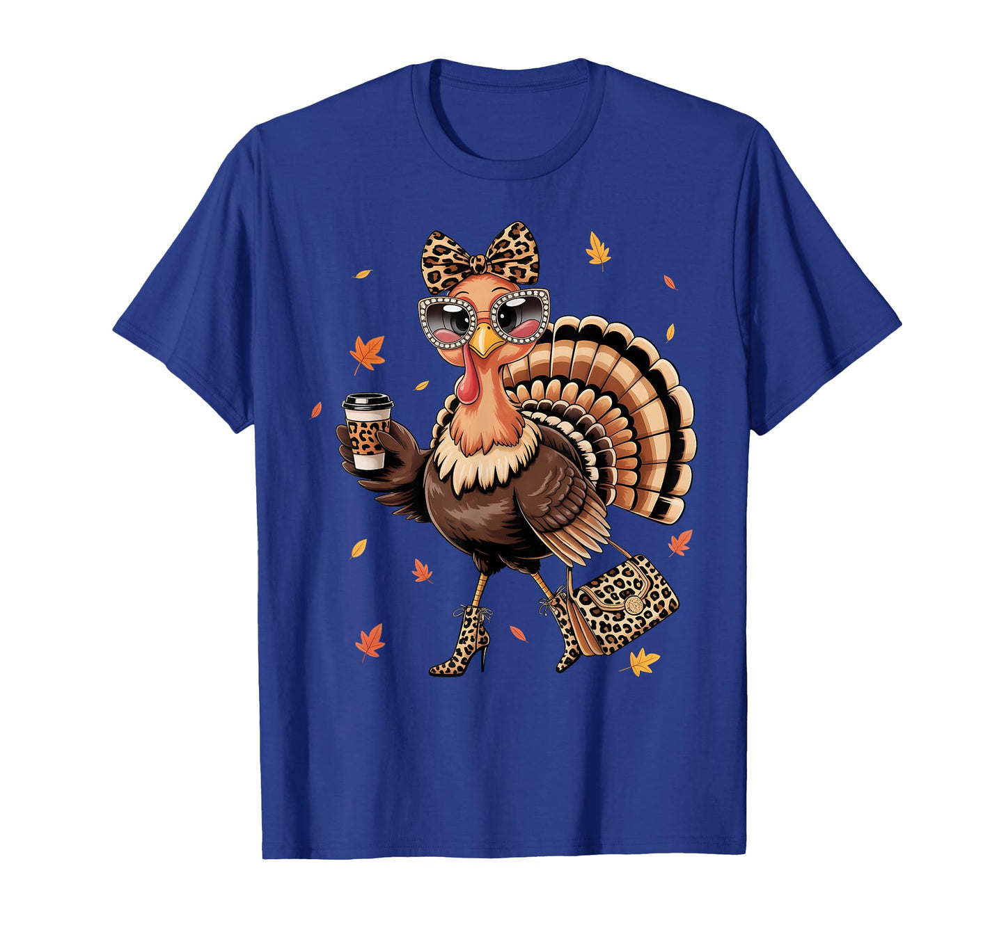 Leopard Turkey Drinking Coffee Thanksgiving Women Turkey Day T-Shirt