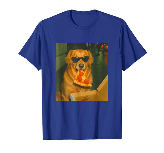 Funny Golden Retriever Dog Eating Pizza Meme Retro T-Shirt