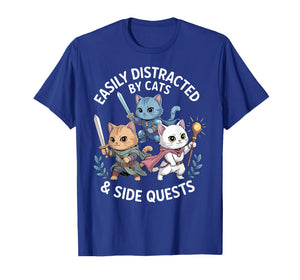 Easily Distracted by Cats & Side Quests Funny Cat Gamer RPG T-Shirt