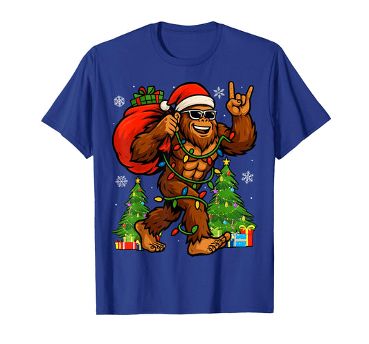 Santa Bigfoot Christmas Tree Xmas Lights Funny Sasquatch T-Shirt
