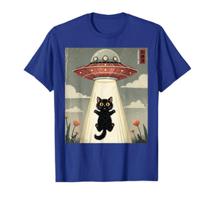 Cat UFO Abduction Graphic Tee Vintage Japanese Cat Alien T-Shirt