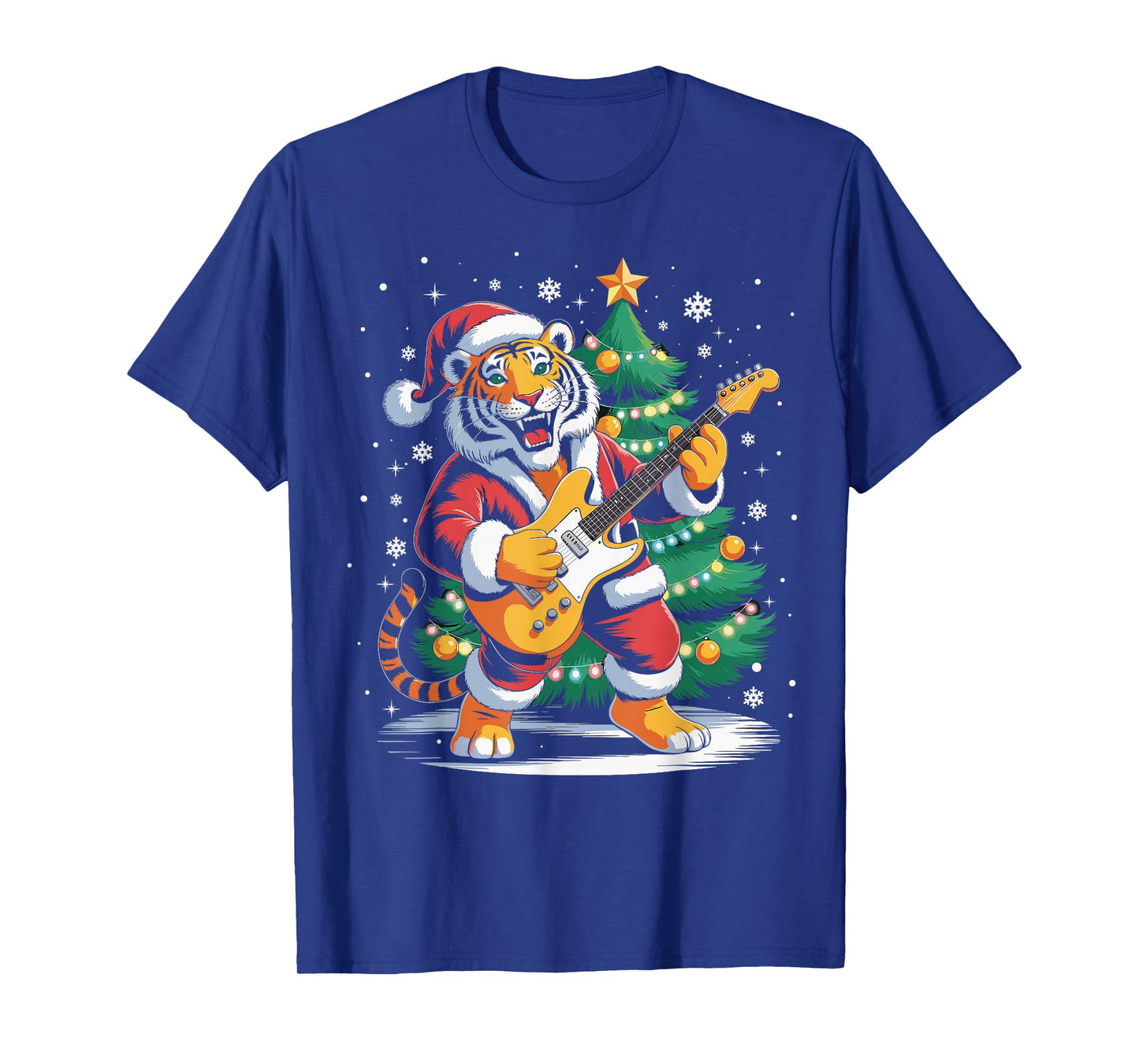 Christmas Tiger Playing Guitar Music Santa Hat Xmas Lights T-Shirt
