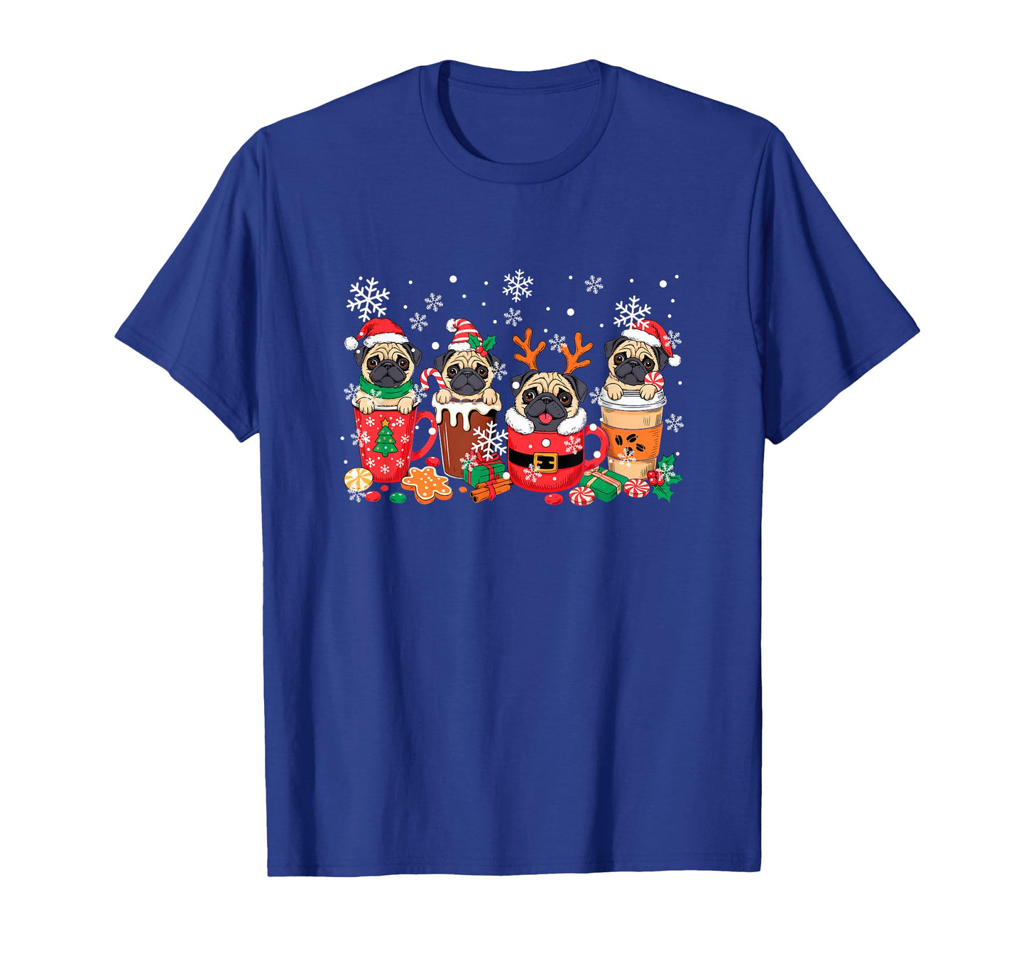 Group Santa Reindeer Pugs in Coffee Cups Christmas T-Shirt