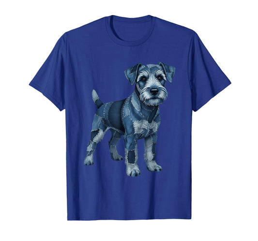 Funny Lakeland Dog Blue Denim Patchwork Pattern T-Shirt
