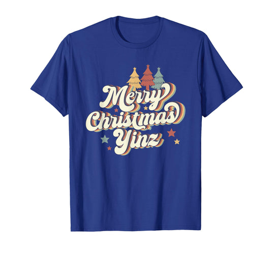 Merry Christmas Yinz Retro Pittsburgh Groovy Trees T-Shirt