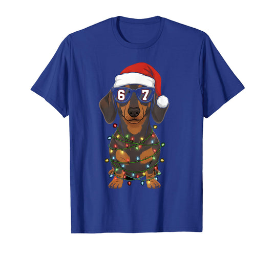 67 Dachshund Christmas Lights Santa Hat Xmas Dog Loves T-Shirt