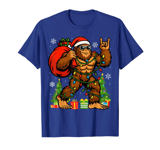 Santa Bigfoot Christmas Tree Xmas Lights Funny Sasquatch T-Shirt