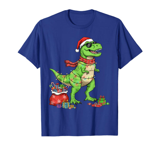 Tree T Rex Santa Hat Funny Christmas Lights Kids Boys Xmas T-Shirt