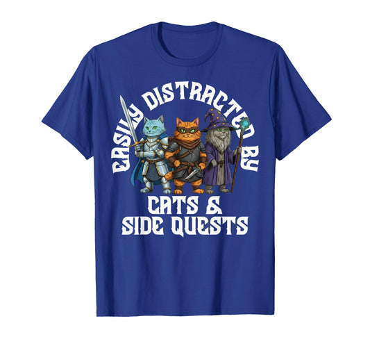 Easily Distracted by Cats & Side Quests Role-Playing Fantasy T-Shirt