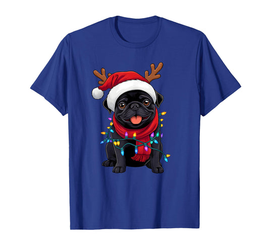 Black Pug Dog Tree Christmas Lights Xmas Pajama Men Women T-Shirt