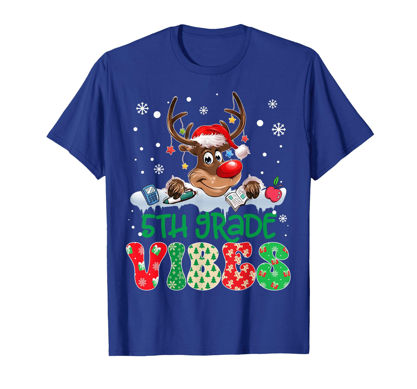 Reindeer Santa Hat 5th Grade Vibes Teacher Christmas Kids T-Shirt