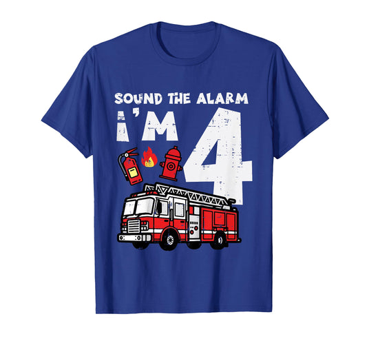 Kids Sound The Alarm Im 4 Firetruck 4th Birthday Bday Boys Kids T-Shirt