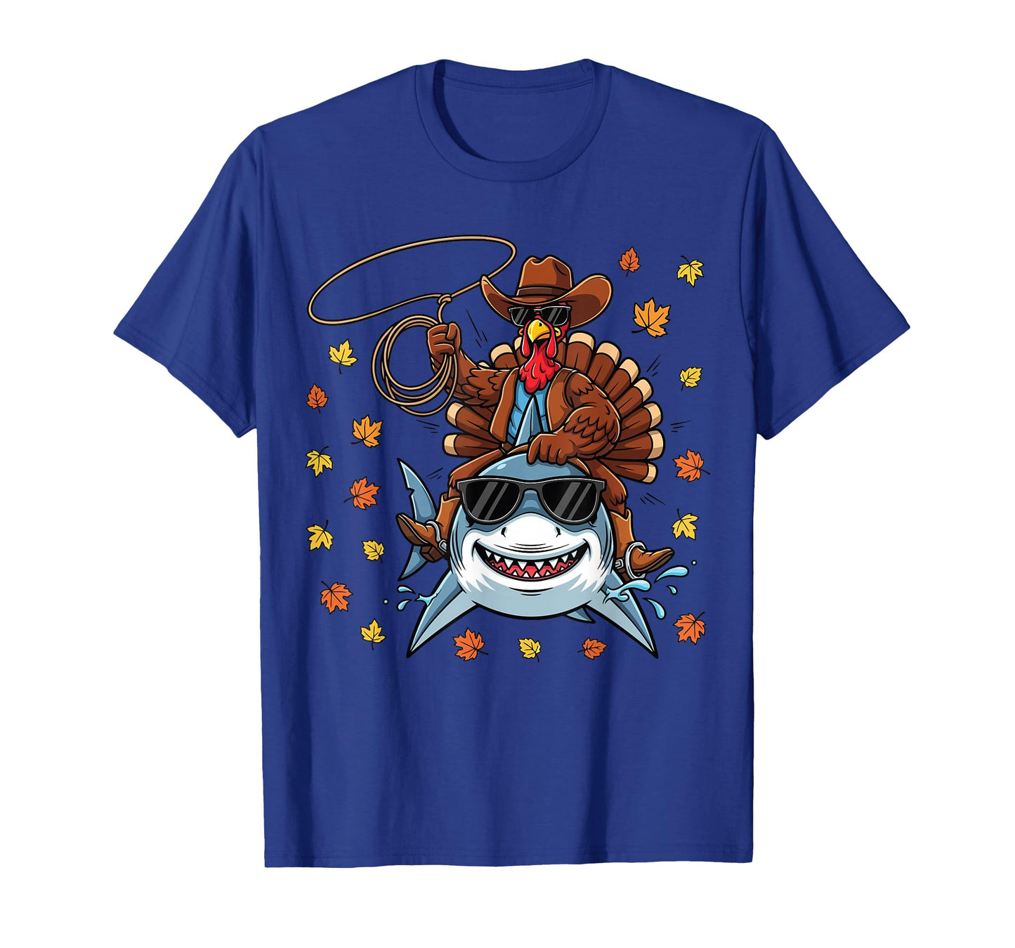 Funny Thanksgiving Cowboy Costume Turkey Riding Shark Kids T-Shirt