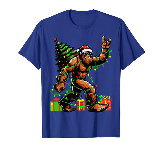 Santa Bigfoot Christmas Tree Xmas Lights Funny Sasquatch T-Shirt