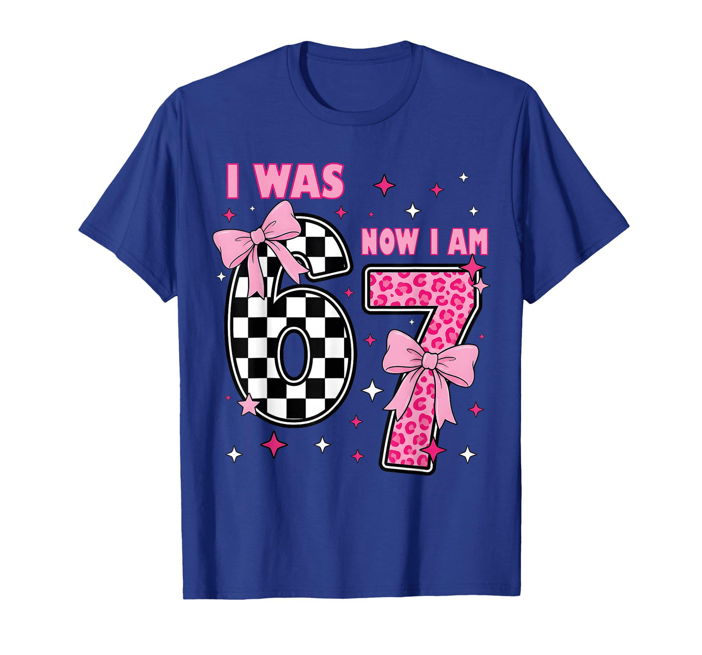 I was 6 Now I Am 7 Coquette Checkered Leopard Birthday Girl T-Shirt