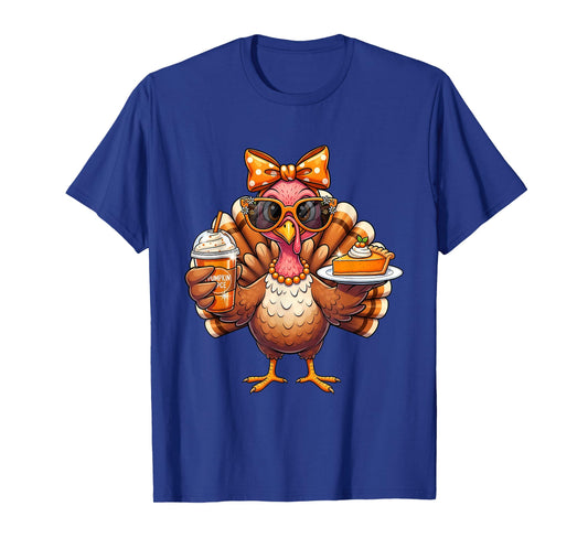 Turkey Drinking Coffee Bow Thanksgiving Womens Turkey Day T-Shirt