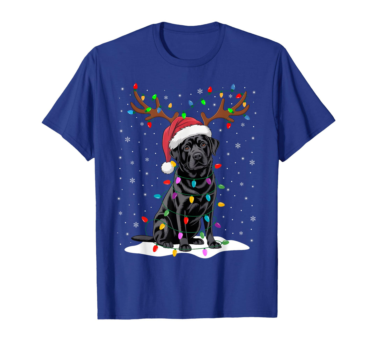 Black Labrador Santa Hat Reindeer Tree Lights Christmas T-Shirt
