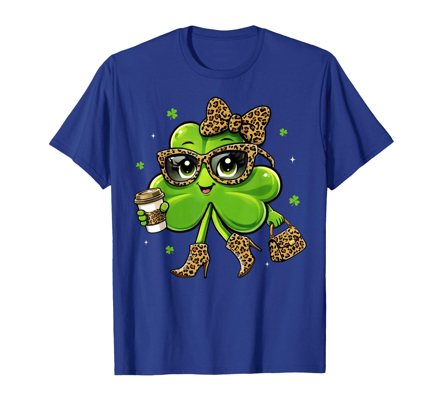 Leopard Shamrock Drinking Coffee St Patricks Day Women Girls T-Shirt